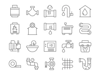 Heating & Plumbing line editable icon set. Containing pipe, plumber, faucet, radiator, boiler, service, boiler, valve, and more. editable stroke. Vector illustration