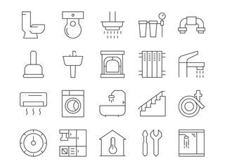 Heating & Plumbing line editable icon set. Containing pipe, plumber, faucet, radiator, boiler, service, boiler, valve, and more. editable stroke. Vector illustration