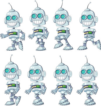Smiling cartoon Robot character walking loop cycle . 
Vector illustration isolated on white background. 
