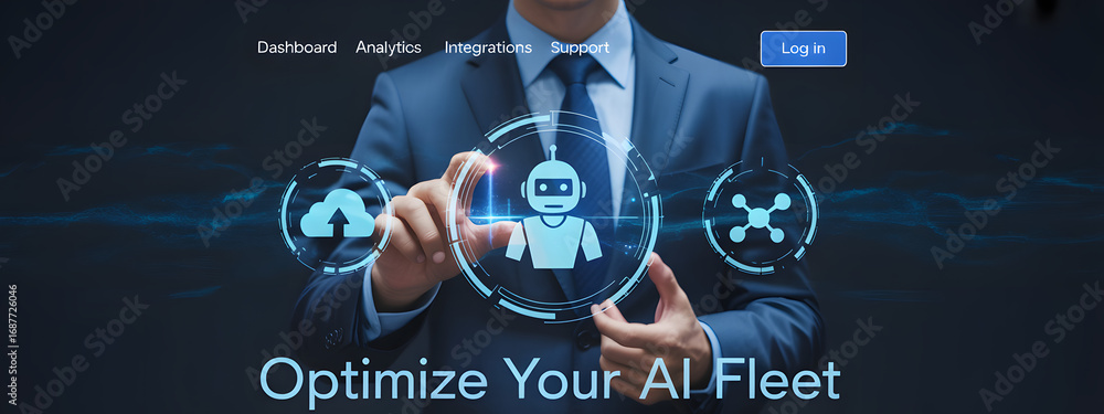 Wall mural ai fleet optimization: a businessman in a sharp suit interacting with futuristic digital interface. 