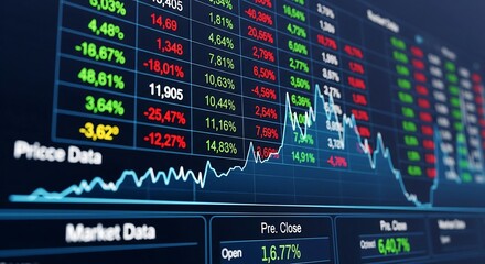 Stock market data displayed on a digital screen, showing fluctuating prices and trends.
