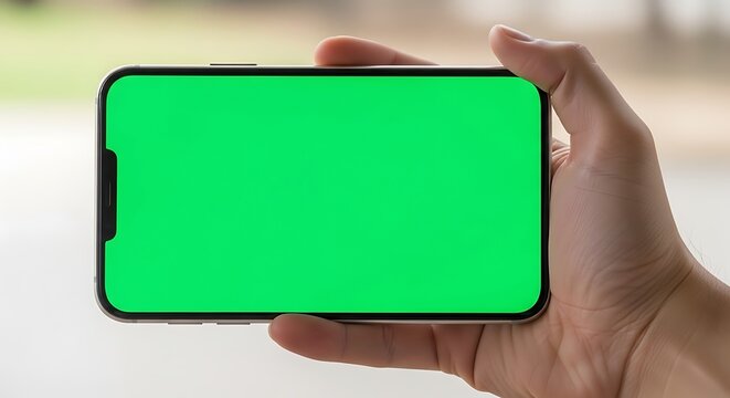 Hand holding a smartphone with a green screen in landscape mode