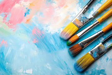 Obraz premium Colorful Art Studio Supplies: Brushes, Paints & Tools for Creative Canvas Design