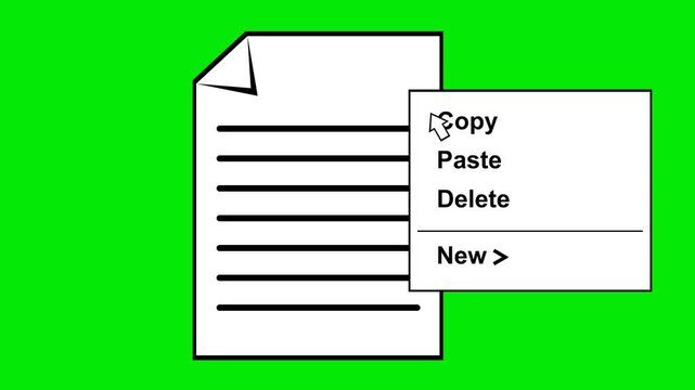 video animation drawing black and white concept icon pop-up menu contextual copy option computer file system, on a green chroma key background