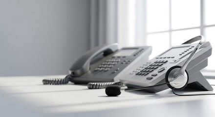 Two office telephones sit side-by-side on a bright, white surface, near a window.