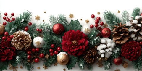 Festive holiday floral arrangement with pinecones, red flowers, and golden ornaments for winter decor