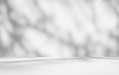 Empty white room studio with leaves shadow overlay effect for product presentation display. Cosmetic beauty fashion showroom. Morning sunlight through the window. Minimal Mock up interior background.