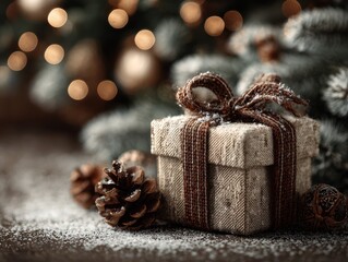 Holiday gift wrapped in fabric sits on snowy surface with Christmas tree and decorations in the background