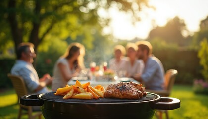 Friends, family enjoy sunny summer day with barbeque in backyard garden. Juicy grilled chicken, crispy fries cook on grill. People are seen dining outdoors, smiling, drinking, sharing good times.