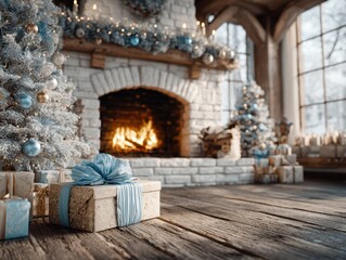 Christmas decorations with a cozy fireplace and wrapped presents in a warmly lit cabin