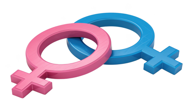 Pink and blue female gender symbols intertwined isolated on transparent background