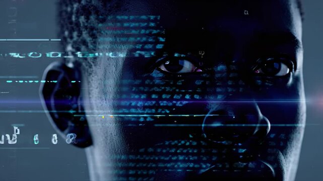 Abstract portrait of a Black man with digital overlay and facial scanning pattern, identity technology - Powered by Adobe