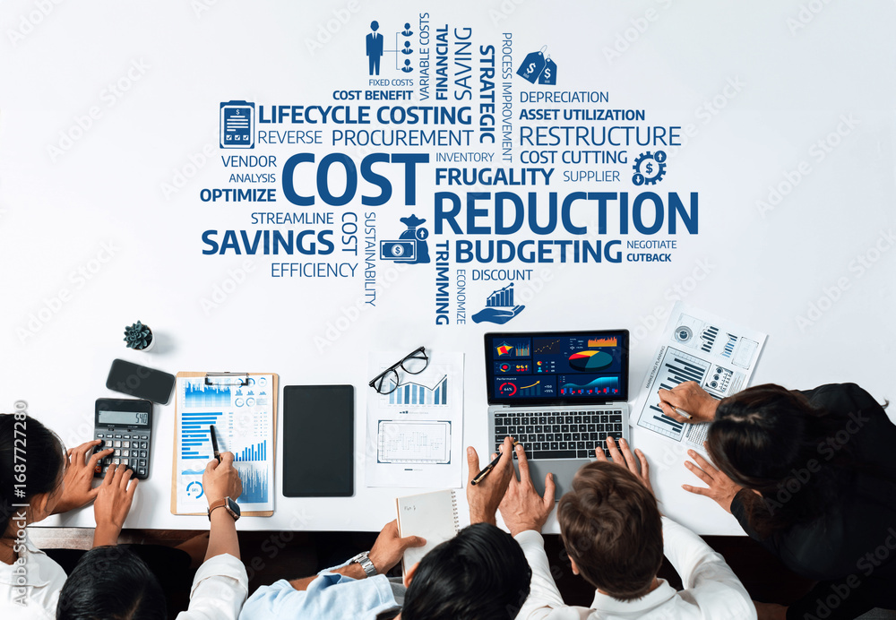 Poster a collaborative workspace focused on cost reduction and budgeting strategies. emphasis on savings an