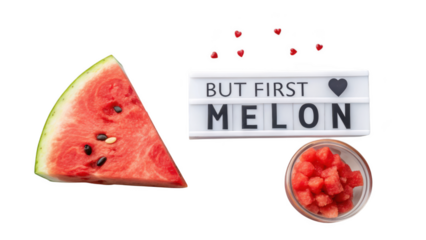 Slice of watermelon with diced watermelon and a sign that says but first melon, isolated on transparent background
