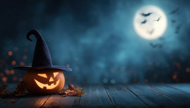 halloween background with a pumpkin and witch hat on a wooden table, an illuminated jack-o'-lantern in dark blue light, and a glowing full moon with flying bats and autumn leaves Generative AI