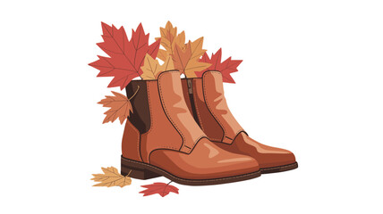 Autumn leaves spilling from a pair of brown boots, evoking a sense of seasonal charm and comfort.