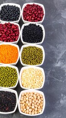 Assorted legumes in white bowls on a dark surface