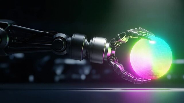 Futuristic robotic arm holding glowing holographic globe under neon light. - Powered by Adobe