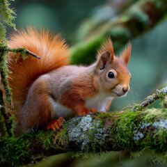 Obraz premium red squirrel perched on a tree branch in the forest