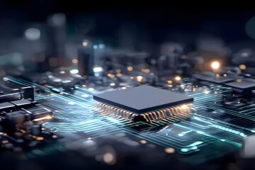 The Digital Brain: Luminous CPU on a Circuit Board with Glowing Cyan Data Trails and Bokeh.