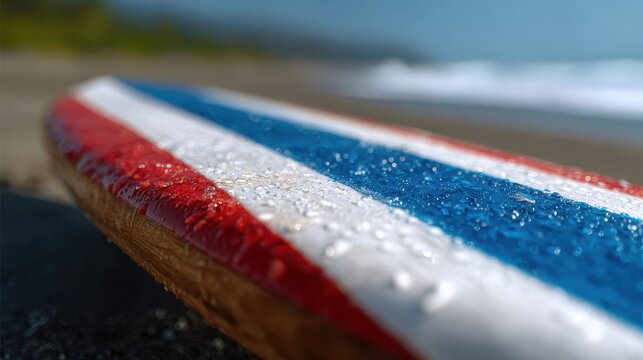 American flag painted on surfboard with beach background