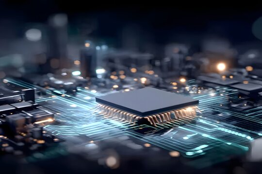 The Digital Brain: Luminous CPU on a Circuit Board with Glowing Cyan Data Trails and Bokeh.