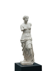 Obraz premium Classical white marble Venus de Milo statue, intricately detailed, on a sleek dark gray pedestal in a modern corporate lobby with soft studio lighting. Enduring quality and classical beauty concept