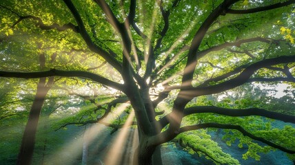 Sunlight Shining Through Green Leaves on a Large Tree from Below, Peaceful Forest Canopy with Bright Foliage, Natural Landscape Atmosphere, Summer Wilderness Beauty, Vibrant Scenery with Sunbeams