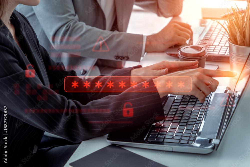 Poster password security breach warning with red asterisk box, cybersecurity alert, lock icons, and critica