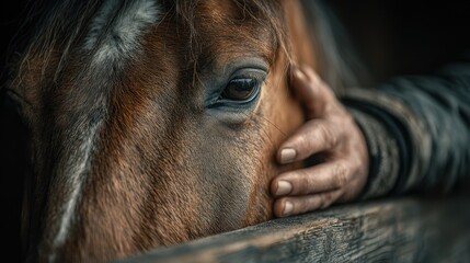 Close encounter with a horse while gently touching its face in a barn setting during twilight hours