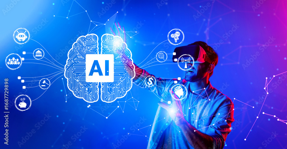 Poster explore the fusion of artificial intelligence and virtual reality, showcasing user interaction with 