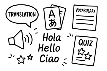 Language Learning Essentials. Language learning: hand drawn doodles of translation bubble, flashcards, vocabulary list, speaker