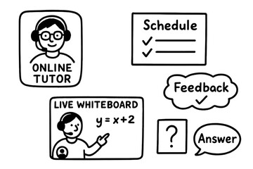 Virtual Tutoring Essentials. Online tutor: hand drawn doodles of tutor profile, scheduling screen, feedback message, live