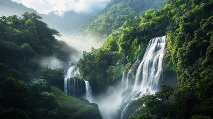Fototapeta premium Lush green mountains embrace a cascading waterfall.