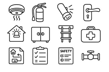Home Safety Icons. Home safety doodle icon set: hand drawn icons of smoke detector, fire extinguisher, emergency flashlight, door