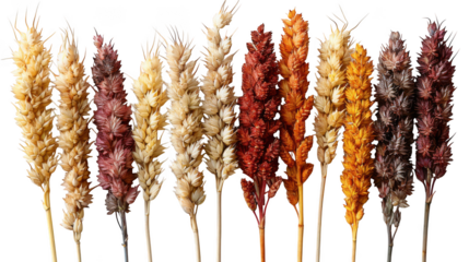 A group of colorful wheat stalks arranged together, isolated on transparent background