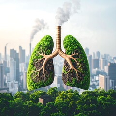 Lungs covered in greenery, smoke from industrial setting