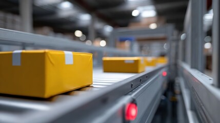 A warehouse with advanced automation technology sorting parcels efficiently on conveyor belts