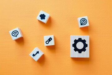 Wooden Blocks with Icons - Communication, Direction, and Gear Concepts