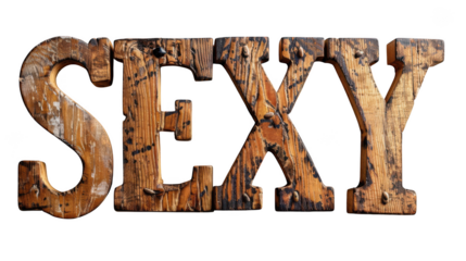 Rustic wooden letters spelling out the word sexy with a weathered texture, isolated on a transparent background