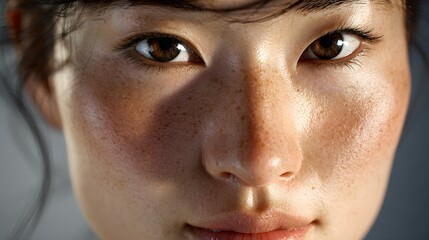 Luminous Gaze of a Freckled Woman in Hyper-Realistic Intimate Close-Up.