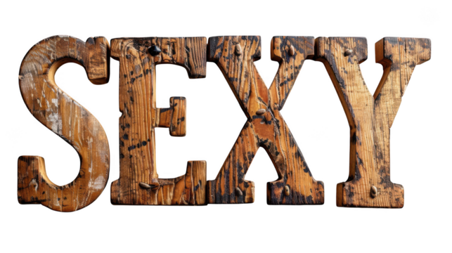 Rustic wooden letters spelling out the word sexy with a weathered texture, isolated on a transparent background