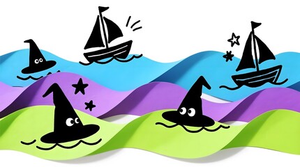 Colorful paper cut-out waves and witch hats