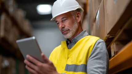 A professional warehouse supervisor reviewing inventory on a digital tablet while standing next to stacked pallets