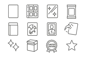 Card Collectible Icons. Line style icons of card collectibles: trading card, card binder page, holographic card, booster pack;
