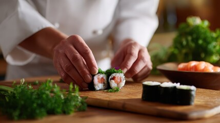 A chef preparing sushi rolls with fresh ingredients in a traditional Japanese kitchen