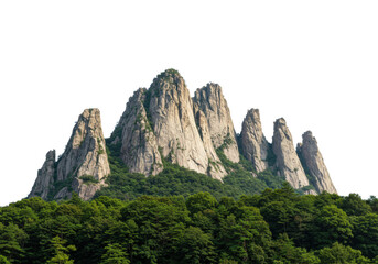 Obraz premium Majestic, pristine mountain range with robust peaks and earthy rock formations, detailed with lush green trees at its base, isolated on a transparent background, concept of natural strength and purity