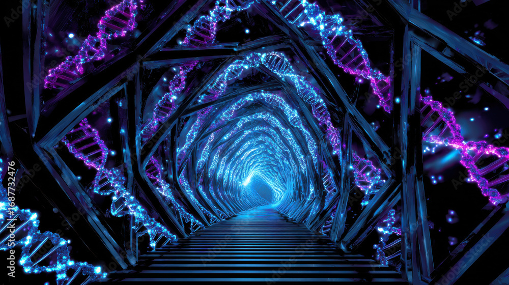 Poster explore vibrant dna database system that illuminates futuristic tunnel with glowing strands and capt