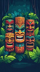 Colorful tiki masks in lush jungle setting