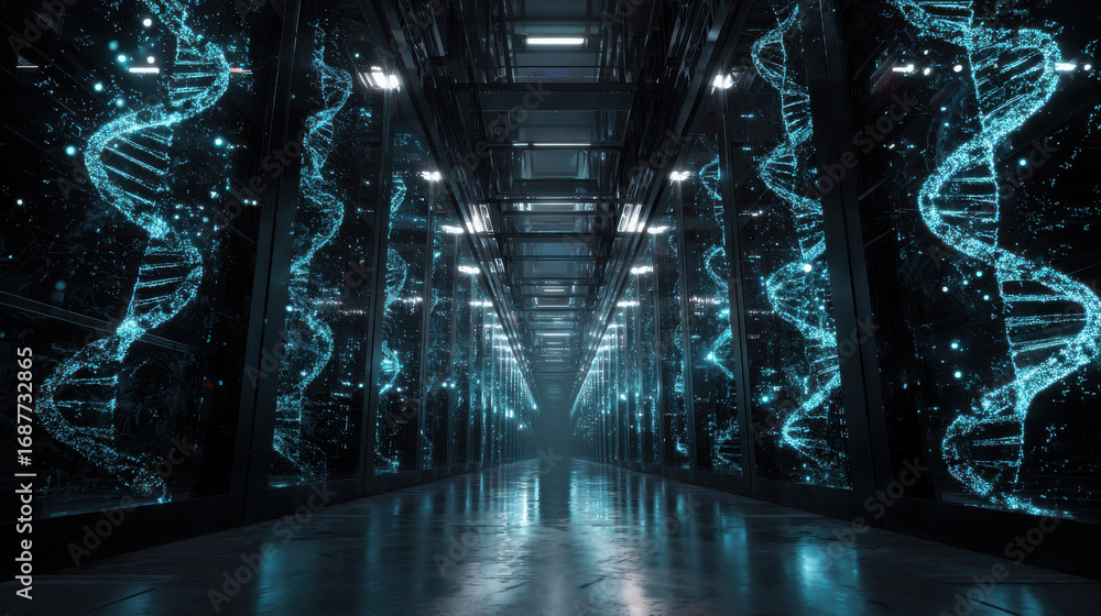 Poster futuristic data center features glowing dna strands integrated into high tech database system, showc